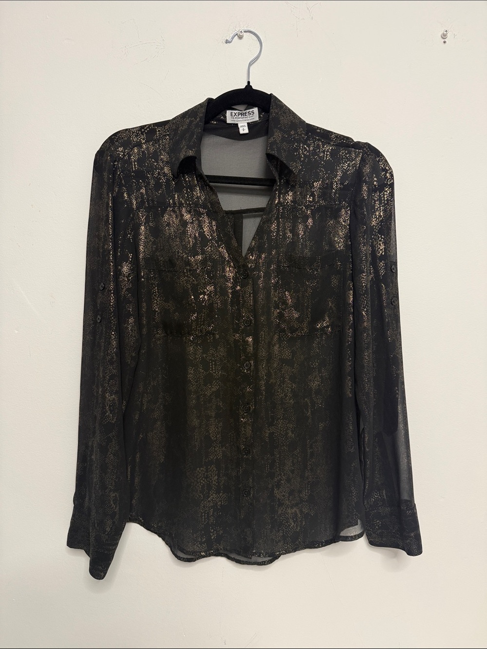 Express Black Sheer Button-Down with Metallic Gold Print